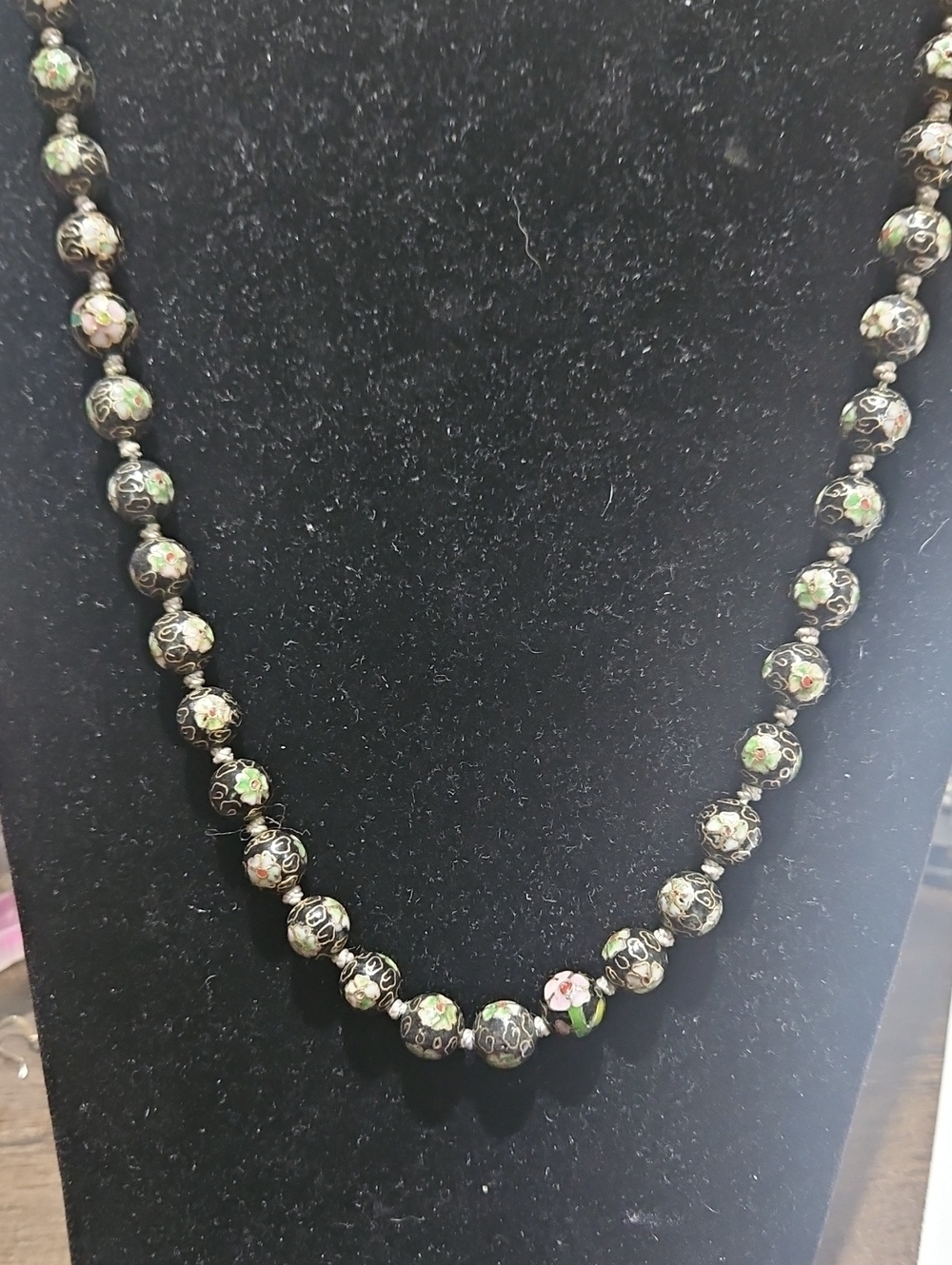 VINTAGE Cloisonné Floral Bead Necklace - Black with Green & Pink Accents